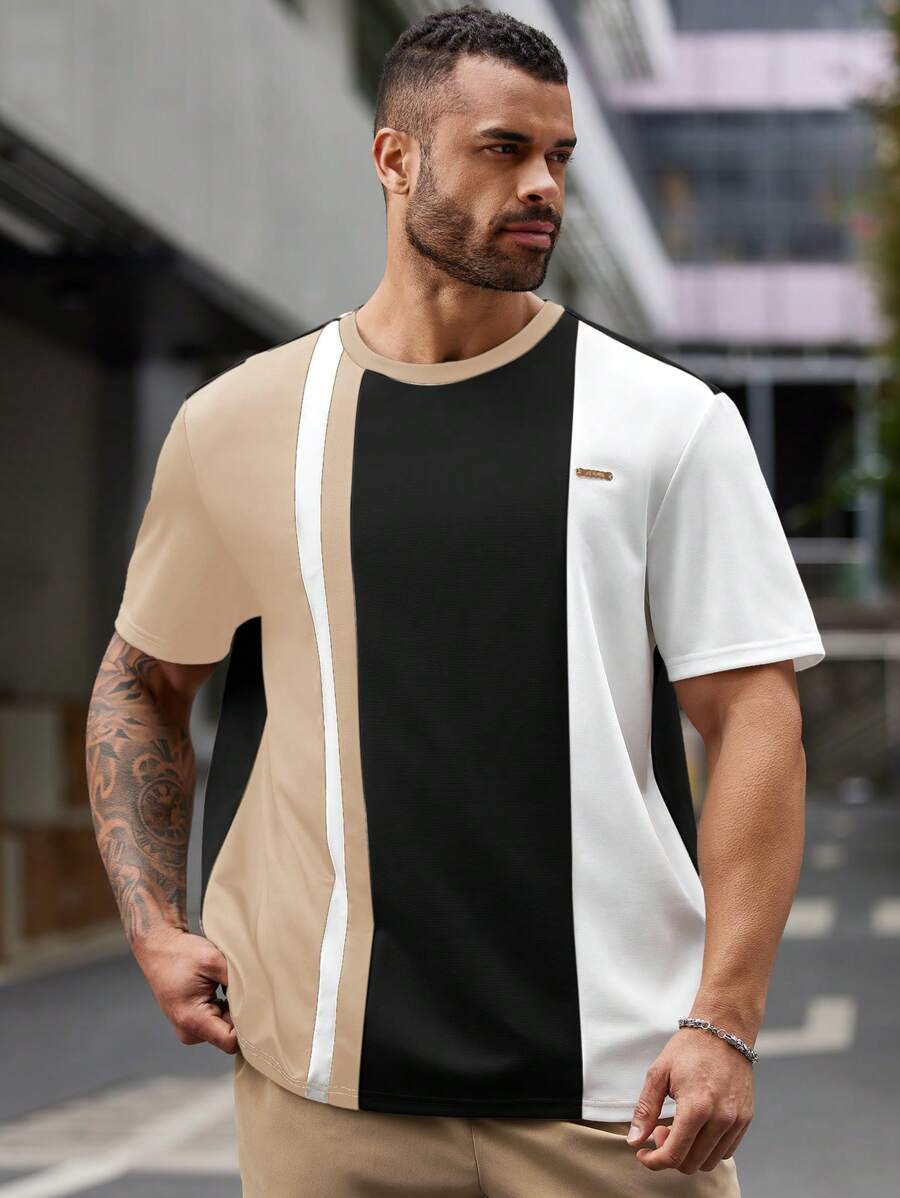 Manfinity VCAY Plus Size Men's Letter Patched Short Sleeve Casual T-Shirt - Black - View 1