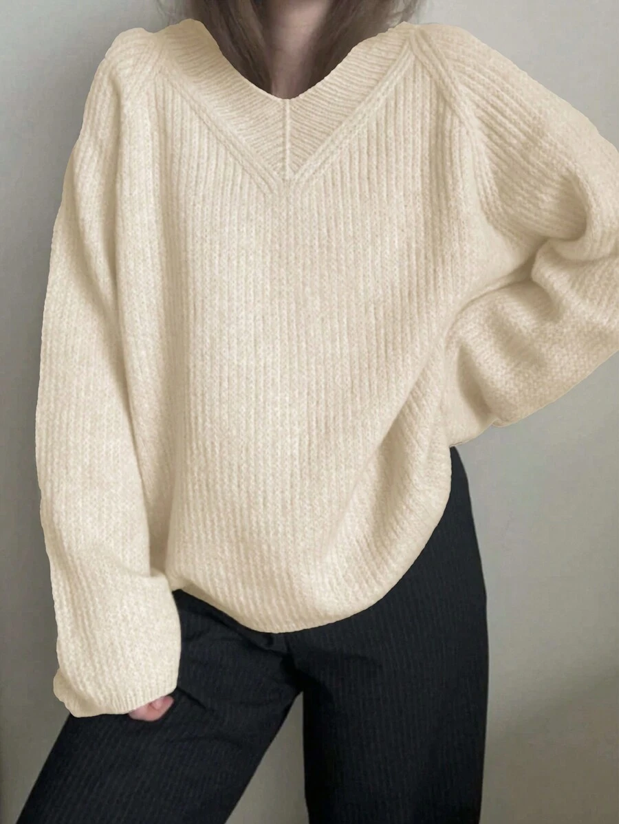 INAWLY 女士V领长袖纯色针织套头毛衣 秋冬款 - 米色 - 查看 1