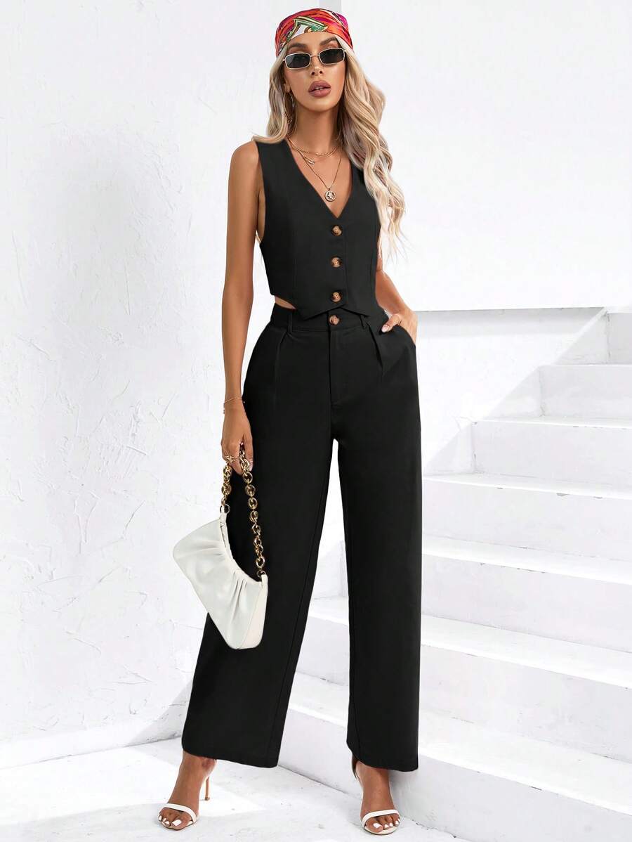 SHEIN Privé 2 件套女士纯色前扣无袖上衣和长裤套装 - 黑色 - 查看 1