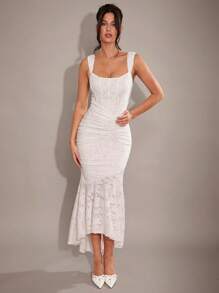 SHEIN BAE 夏季白色性感纹理提花露肩长裙，镂空后背和优雅鱼尾下摆，优雅适合聚会、返校季礼服、婚宴、鸡尾酒会、伴娘礼服、节日长裙、紧身胸衣连衣裙女士夏季服装/春季服装/情人节服装/狂欢节/海滩度假服装 - 白色 - 查看 5