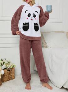 RueChic 2Pcs Pelush Panda Embroidery Detail Hoodie And Long Bottoms PJ Set - Rusty Rose - View 3