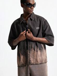 NEON BLANC Men's Street Fashion Embroidered Woven Denim Short Sleeve Shirt - Black - View 2