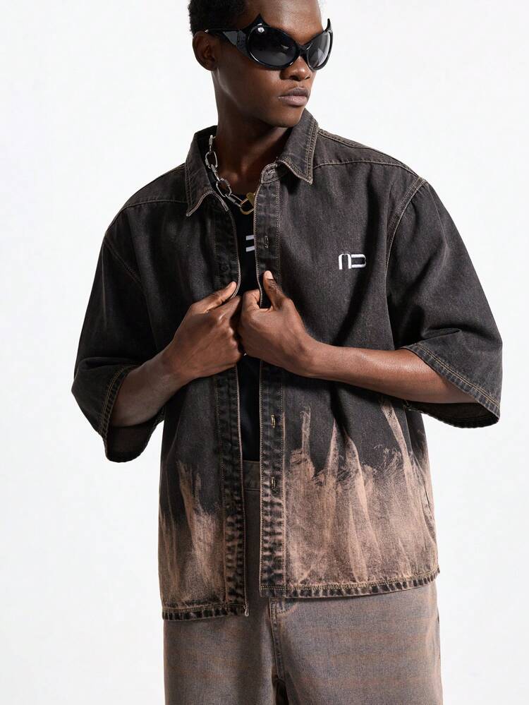 Men's Street Fashion Embroidered Woven Denim Short Sleeve Shirt