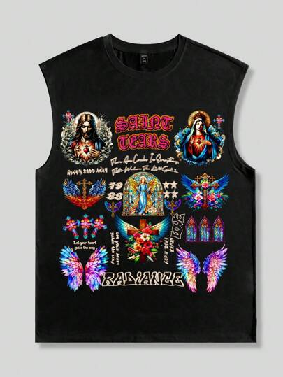 Street Life Camiseta sin mangas con estampado de Cristo y la Virgen María con alas y cruz para hombre, para concierto