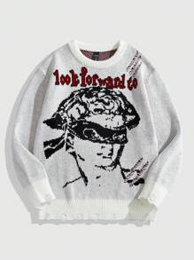ROMWE MEN Street Life Herren Portrait Jacquard Strick Lässig Pullover, Langarm Rundhals - Aprikosenfarben - Übersicht 2