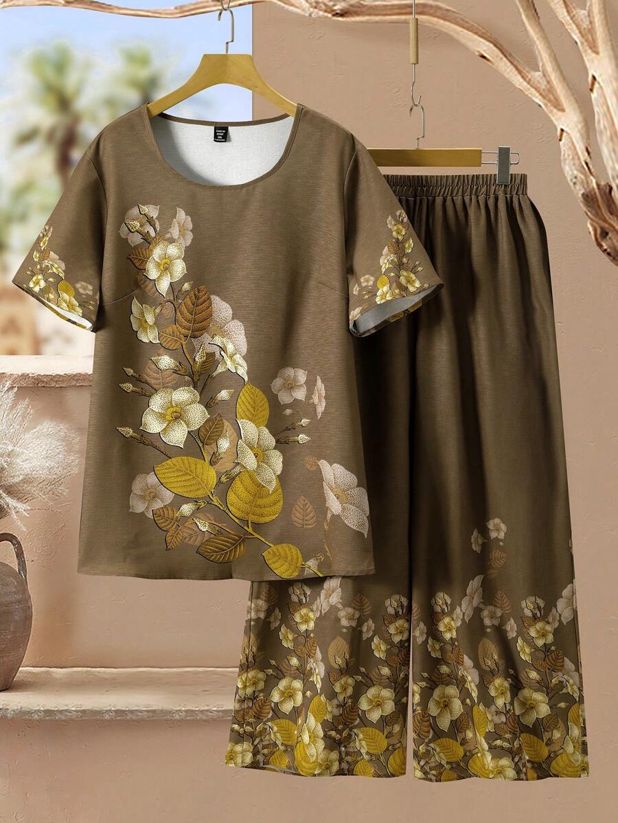 Lacomfia Elegant Floral Print Loose Retro Style 2 Pieces Set, Plus Size - Coffee Brown - View 1