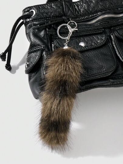 Grunge Punk 1pc Fashionable & Exquisite Brown Striped Faux Fur Fox Tail Keychain, DIY Bag Charm Accessory, Suitable For Women, Fashionable Gift