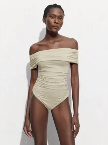 Maija Off Shoulder Ruched Bodysuit, Fitted Silhouette, Suitable For Parties, Gatherings, Versatile Wear, Spring/Summer - Apricot - View 1