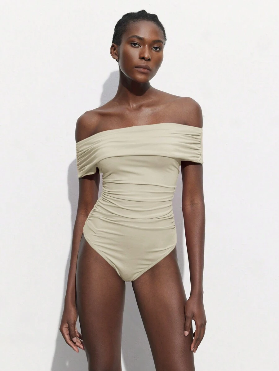 Maija Off Shoulder Ruched Bodysuit, Fitted Silhouette, Suitable For Parties, Gatherings, Versatile Wear, Spring/Summer - Apricot - View 1