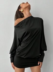 Aloruh Vestido corto ajustado de punto color café con hombro asimétrico y espalda abierta para mujer