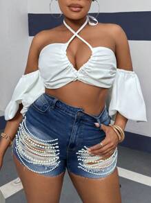 Slaydiva Plus Size Skinny Stretch Ripped Distressed Denim Shorts, Blue - Medium Wash - View 5