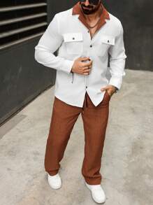 Manfinity Homme Men's Solid Color Button Front Long Sleeve Pocket Casual Top And Pants Set - Multicolor - View 4