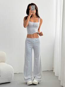 SHEIN EZwear Set de 2 piezas de top de tirantes y pantalones a rayas estilo casual para mujer