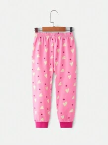 Heart Print Round Neck Long Sleeve Top And Pants Pajama Set For Young Girls - Hot Pink - View 4