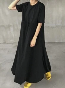 FRIFUL 女式黑色长款泡泡裙，休闲户外夏季太阳裙 - 黑色 - 查看 4