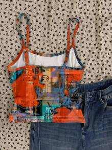 Attitoon 女式休闲复古建筑扎染图案工字背心细肩带上衣，适合夏季 - 彩色 - 查看 2