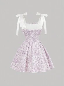 SHEIN MOD Romantic Lilac Floral Print Dress, Bow Shoulder Straps, Lace-Up Corset Style, Tea Party - Lilac Purple - View 2