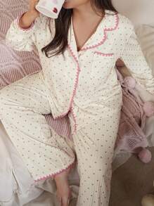 SweetSlumber Plus Size Heart Print Contrast Color Pajama Set With Long Sleeve Top And Pants, Fall Clothes, Cozy Outfit