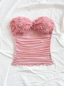 Soleia Women's Plain Ruched 3D Rose Bandeau Crop Top Valentine Day Summer Outfits For Women - Pink - View 6