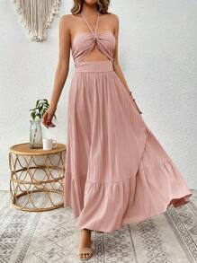 SHEIN VCAY Women's Solid Color Hollow Out Waist & Halter Neck Vacation Dress