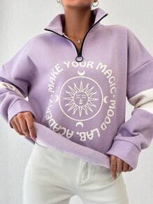 SHEIN Cottnline 棉质太阳与口号图案落肩抽绳下摆运动衫 - 紫丁香色 - 查看 4