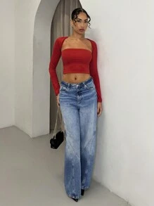 Glamine 2 Pieces Sets Red Color Cut Out  Long Sleeve Crop Top,Going Out T-Shirt,Basic Top,Date Night Outfits,Rave Outfits Festival,Valentine's Day T-Shirt