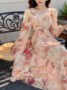 DAZY Vestido casual de manga larga hasta la rodilla con cuello en V y estampado floral, con volantes, vestido de otoño para mujer