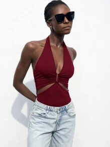 SHEIN Maija 女式红色 V 领镂空休闲夏装，百搭海滩旅行装，褶皱露背连体衣，商务休闲优雅风格 - 酒紅色 - 查看 6