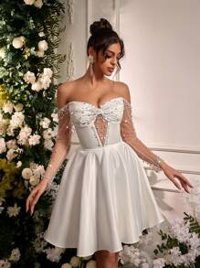 Lovelzi Vestido Elegante e Luxuoso de Cetim Franzido com Manga Longa Transparente e Design com Miçangas, Adequado para Casamento, Festa, Férias, Baile de Formatura, Presente de Noiva, Vestido de Noiva, Vestido de Chá de Panela, Noiva