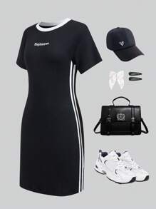 SHEIN 1 Pc Casual Patchwork Khaki & Navy Dress For Teen Girl, Fashion Styles - Khaki - View 3