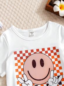 SHEIN Elladie kids 2件套少女圆领短袖印花休闲上衣和短裤套装 - 白色 - 查看 3
