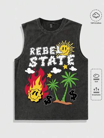 Street Life Canottiera in maglia waffle lavata con stampa di lettere e palme per uomo