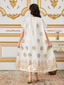 Tween Girls Ramadan Gold Leaf Long Cardigan & White Belted Dress, Traditional Middle Eastern 2 Pieces Outfit - Beige - View 2