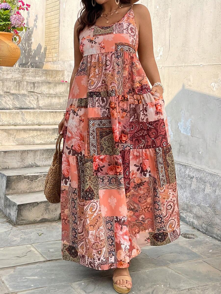 SHEIN VCAY Sukienka Boho Patchwork Spaghetti Strap Plus Size, na lato - Wielokolorowe - Zobacz 1