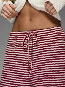 MISSGUIDED Holiday Festive Striped Knit Wide Leg Lounge Pants, Cozy Winter Ribbed Sweater Material, Drawstring Waist, Casual Palazzo Style Pants Perfect For Christmas Season Christmas - Red and White - View 3