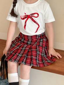 DAZY 2pcs/Set Young Girl Round Neck Short Sleeve Bow Top And Skirt,Girls Summer Outfits - White - View 1