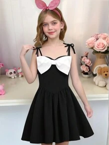 SHEIN Tween Girls Rochie elegantă, casual, fără mâneci, cu fundă decorativă, cu volane și rochie plină, potrivită pentru acasă, ieșire, petrecere, primăvară/vară/toamnă/iarnă, rochie prințesă, rochie neagră mică, Ziua Îndrăgostiților