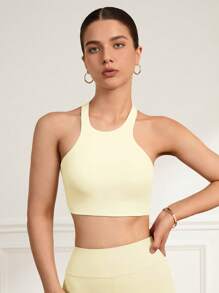 Activina 女性純色露背凹槽休閒運動胸罩 - 米色 - 查看 4