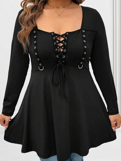 Vibekara Plus Size Långärmad T-shirt med snörning, enfärgad Casual Minimalistisk design, lämplig för vardagsbruk