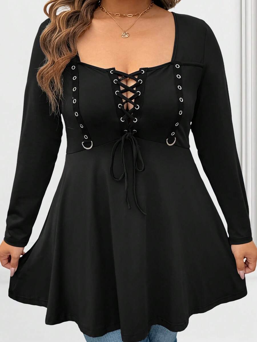 Vibekara 大码系带长袖 T 恤，纯色休闲简约设计，适合日常穿着 - 黑色 - 查看 1