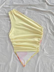 Soleia 女士春季休闲花卉印花露肩修身不对称不对称肩部衬衫上衣 - 黃色 - 查看 3