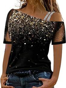 INAWLY Casual Women's T-Shirt With Oblique Shoulder, Patchwork With Sequins And Mesh Top