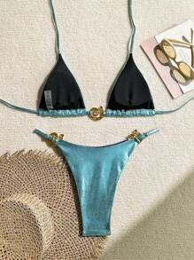 SHEIN Swim Spring Break Metallic Finish Halter Neck Tie Up Bikini Top And Cheeky Bottom Swimwear 2 Pieces Set For Women, Summer