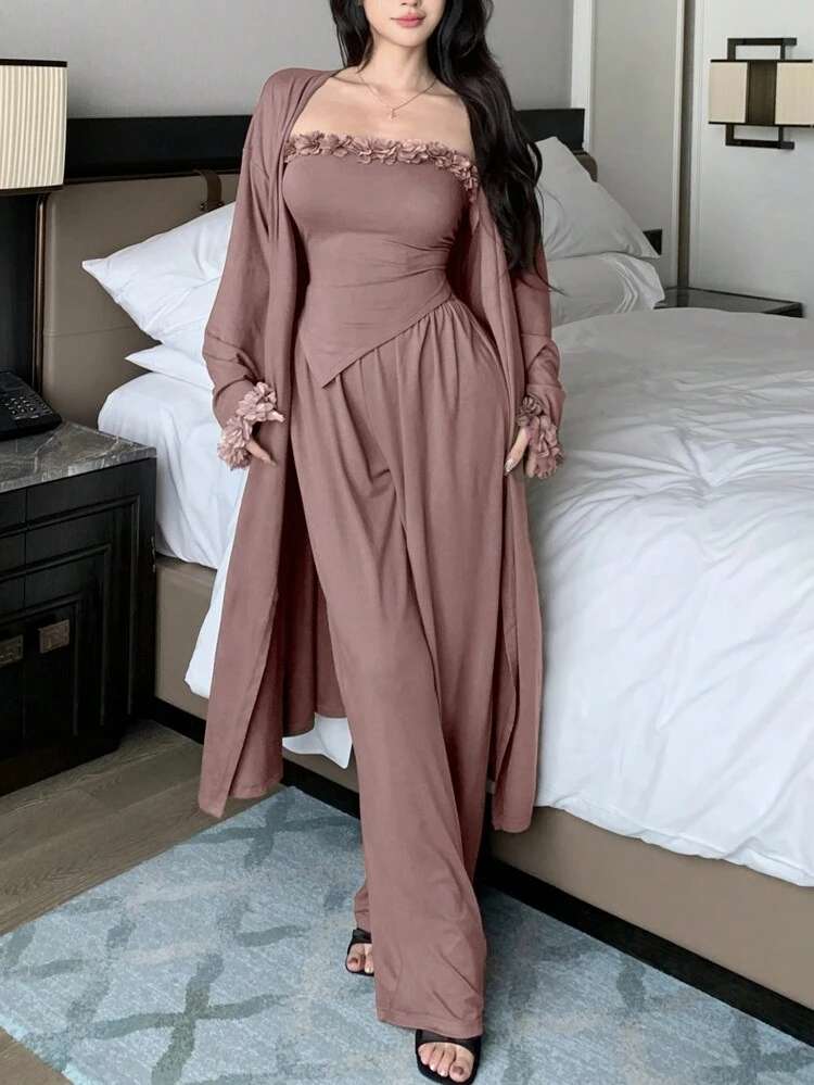 3-Pieces Set: Romantic 3D Floral Trim Loose Robe, Asymmetrical Hem Bustier Top And Wide Leg Pants Home Cozy Outfit, Fall Winter Lounge Clothes