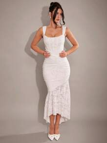 SHEIN BAE 夏季白色性感纹理提花露肩长裙，镂空后背和优雅鱼尾下摆，优雅适合聚会、返校季礼服、婚宴、鸡尾酒会、伴娘礼服、节日长裙、紧身胸衣连衣裙女士夏季服装/春季服装/情人节服装/狂欢节/海滩度假服装 - 白色 - 查看 4