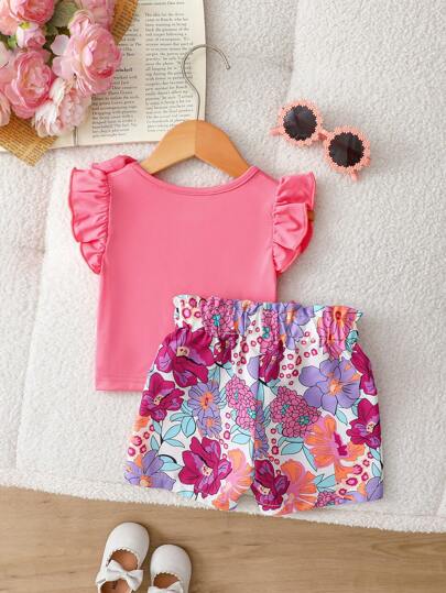 SHEIN Playful Pals 2pcs/Set Baby Girl 0-3 Years Old Elegant Casual Vacation Daily Outing Bow Decor Cap Sleeve Top And Elastic Waist Shorts Set, Suitable For Outdoor