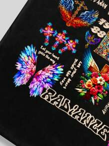 ROMWE MEN Street Life 男士耶稣基督和圣母玛利亚翅膀印花背心，适合音乐会 - 黑色 - 查看 4