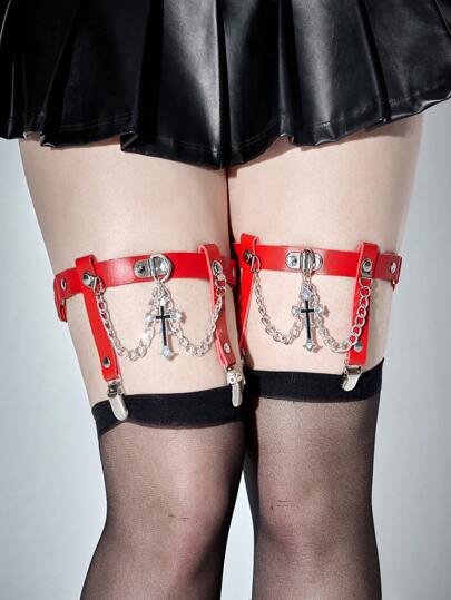 Goth Set da 2 pezzi Decorazione per gamba con catena e cristalli rossi a forma di croce da donna, scaldamuscoli in stile gotico e punk, versatili per uso quotidiano