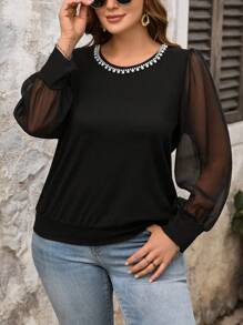 SHEIN LUNE 2024 Women Plus Size Fashionable Round Neck Mesh Blouse - Black - View 4