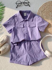 SHEIN Leap Crew 2pcs/Set Baby Boy Summer Cute Casual Purple Short Sleeve Shirt & Shorts Set, Suitable For Birthday Party, Evening Party, Performance, Wedding, Baby Shower, And 1st Birthday Celebration - Multicolor - View 8